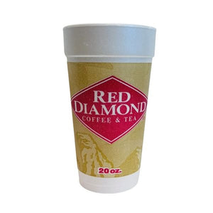 A 20 oz styrofoam coffee cup featuring a gold and red printed label that reads 'RED DIAMOND COFFEE & TEA'.