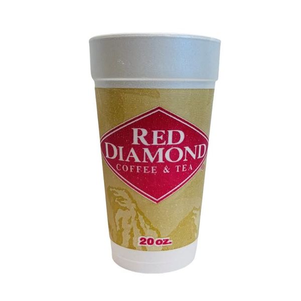 A 20 oz styrofoam coffee cup featuring a gold and red printed label that reads 'RED DIAMOND COFFEE & TEA'.